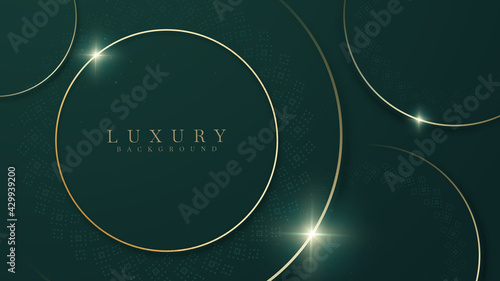 Elegant dark green shade background with circle golden line elements. Realistic luxury paper cut style 3d modern concept. vector illustration for design.