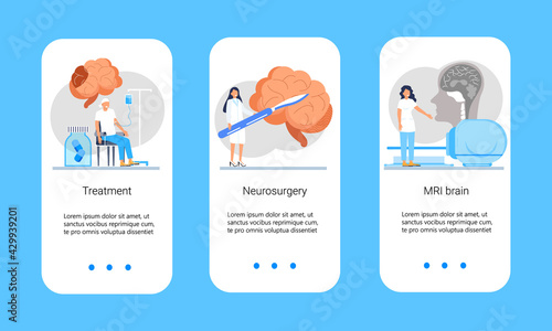Neurology healthcare, MRI vector concept vector app templates set. Anatomical knowledge science of brain and senses diseases. Encephalogram, EKG concept vector.