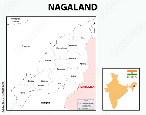 Nagaland map. Outline map of Nagaland.  Nagaland administrative and political map. Nagaland map with neighbouring countries and border in white colour.