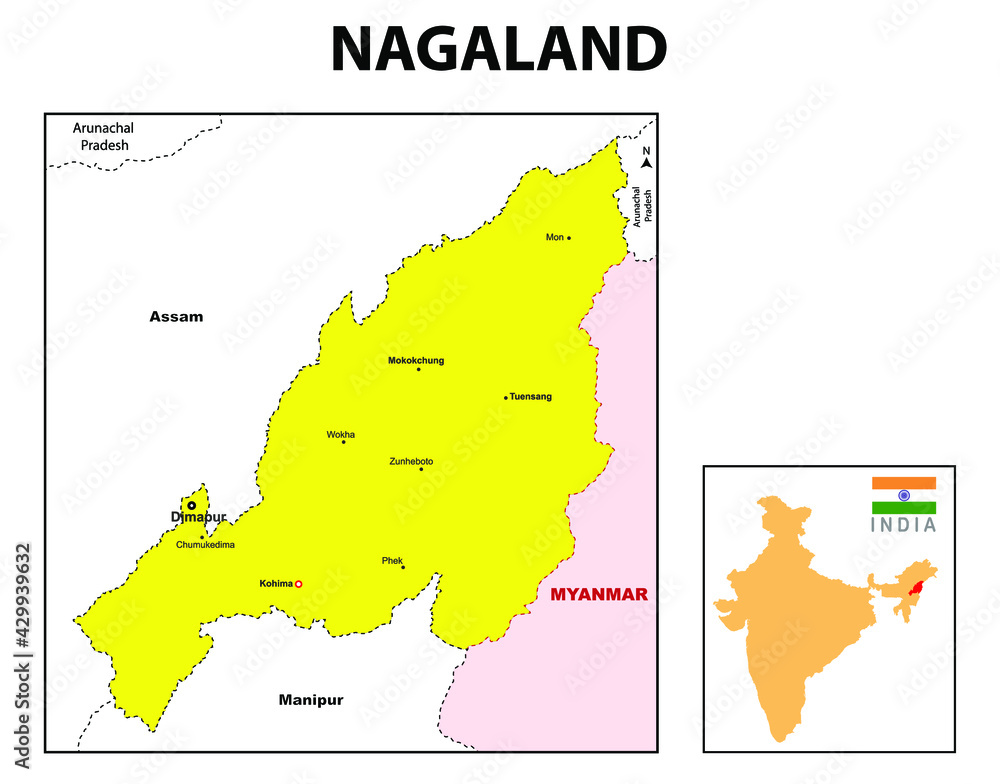 Nagaland map. Major district in Nagaland. Political map of Nagaland