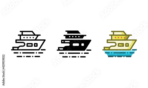 Cruise ship icon. With outline, glyph, and filled outline styles