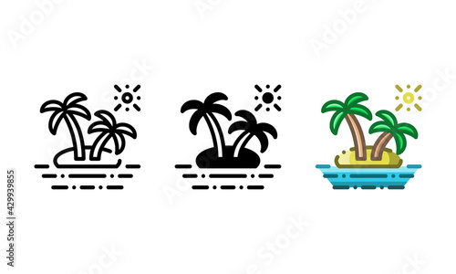 Island icon. With outline, glyph, and filled outline styles