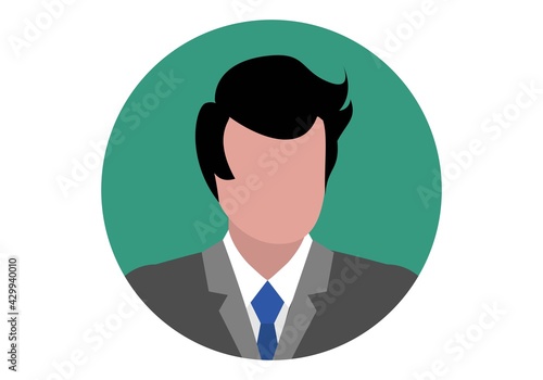 Icono circular de un ejecutivo, empleado, dependiente, encargado o banquero con traje gris y corbata azul