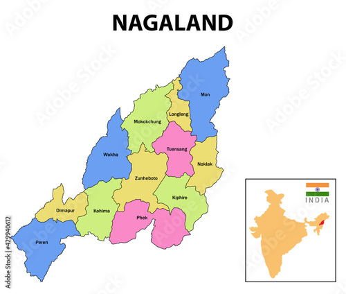 Nagaland map. District map of Nagaland. Nagaland map with district and capital. Colour full district map of Nagaland.