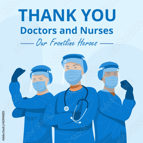Frontline heroes, Illustration of doctors and nurses characters wearing masks. Vector