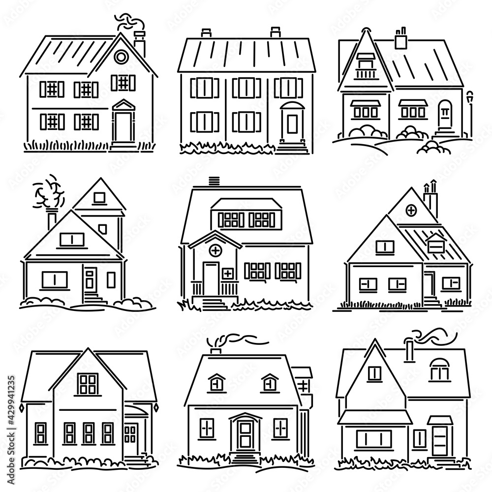 Set of simple vector images of small houses drawn in art line style.