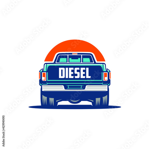 Premium Classic Diesel Pickup Truck Rear View vector illustration isolated