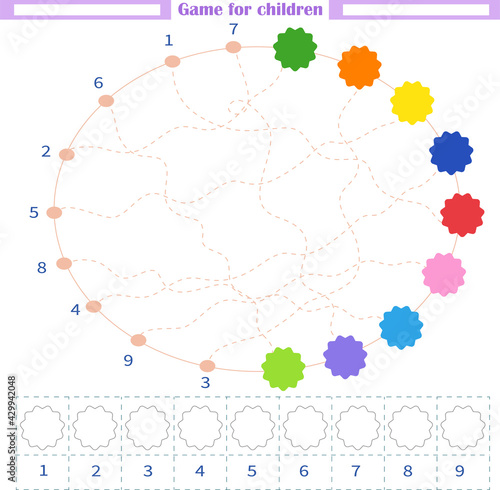  Worksheet for children. Draw the lines. from number to color. Paint an empty shape with the appropriate color