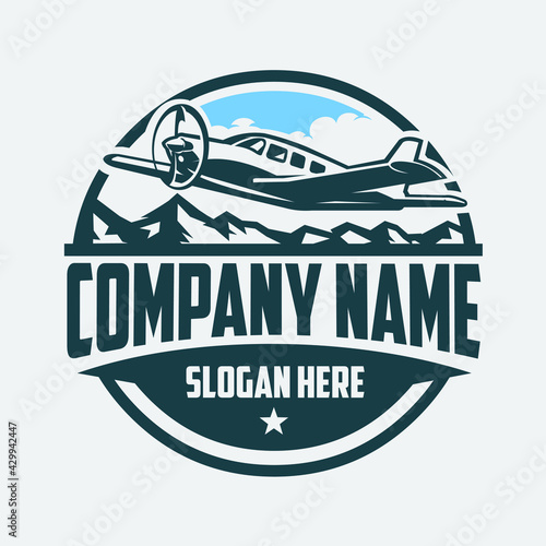 Private plane rental company logo emblem. Light aircraft, small plane