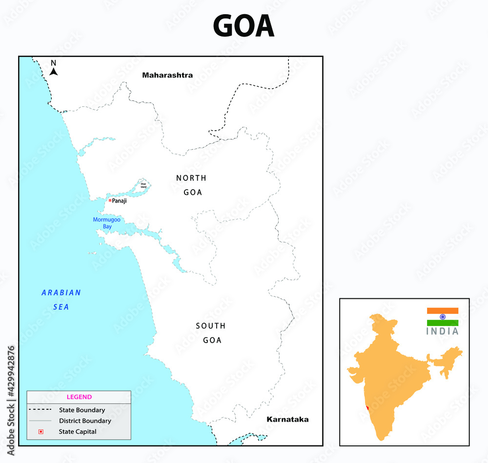 Outline map of Goa.  Goa administrative and political map. Goa map with neighbouring countries and border in white colour