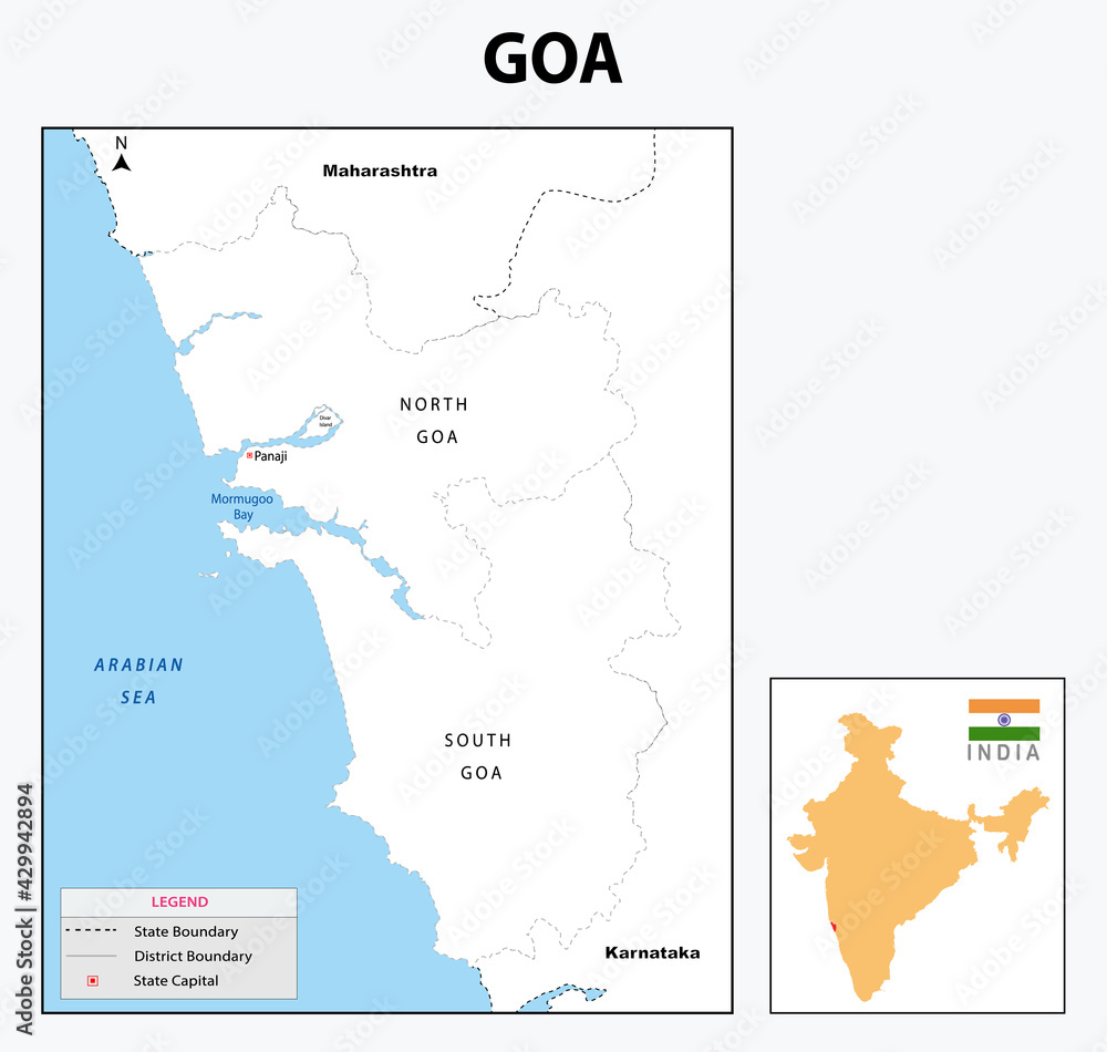 Outline map of Goa.  Goa administrative and political map. Goa map with neighbouring countries and border in white colour - obrazy, fototapety, plakaty 