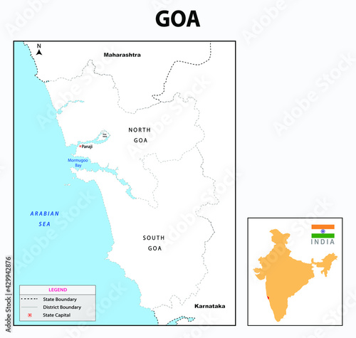 Outline map of Goa. Goa administrative and political map. Goa map with neighbouring countries and border in white colour