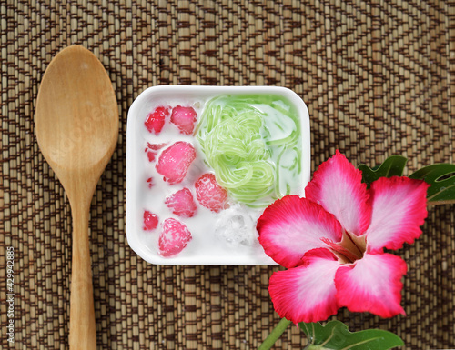 Thai dessert. Water Chestnuts in Coconut Milk. Tub Tim Grob. photo