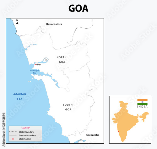 Outline map of Goa. Goa administrative and political map. Goa map with neighbouring countries and border in white colour