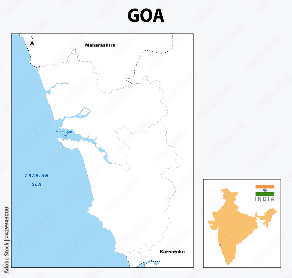 Goa map. Goa map with neighboring countries and border in outline.