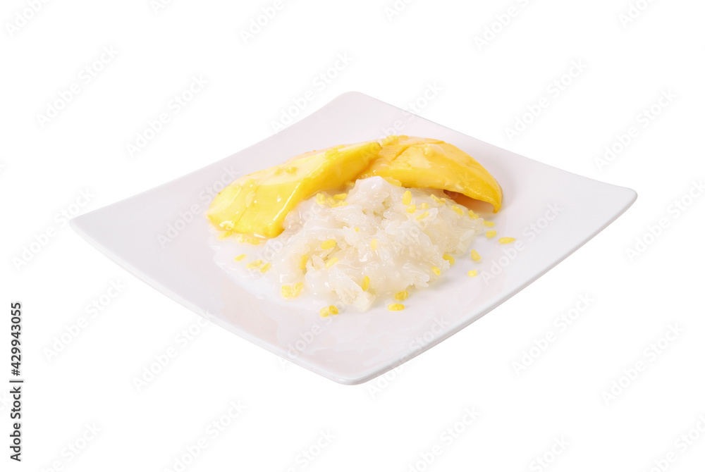 mango with sticky rice on white background.