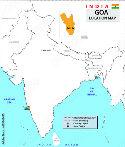 Location map of Goa.
Goa map with neighboring countries and borders.