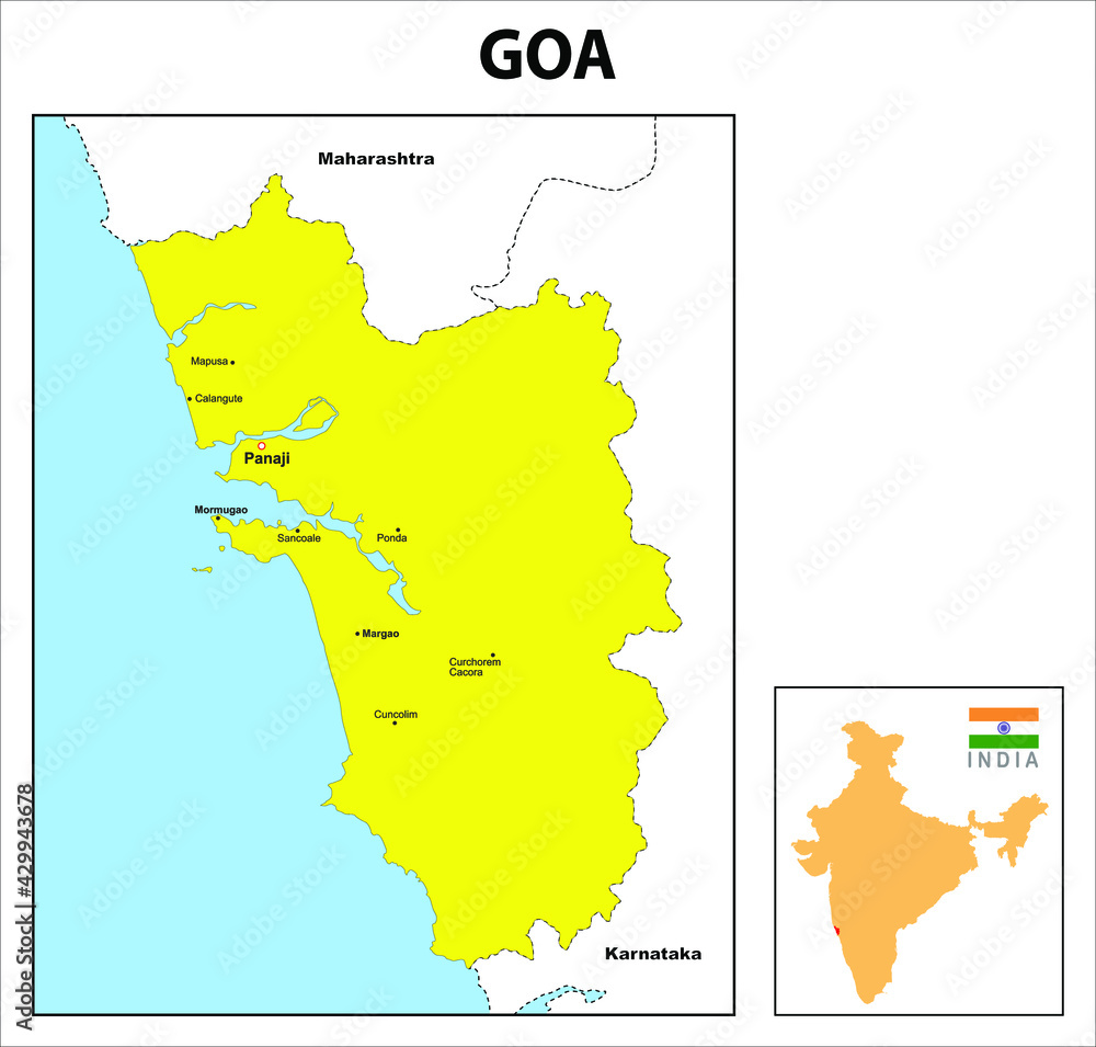 Goa map. Major district in Goa. Political map of Goa with border and