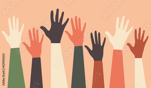 Wallpaper Mural International Youth Day. Voting in elections. Fight for equal rights. Silhouettes of hands of guys and girls of different nationalities and religions. Festive poster in pink colors.  Torontodigital.ca