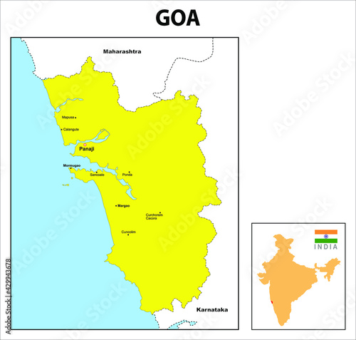 Goa map. Major district in Goa. Political map of Goa with border and neighbouring country.