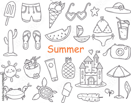 Doodle Summer Elements and Accessories for Beach Holidays in sketch style.Hand Drawn Line of Drinks, Tropical Fruits, Clothes, Marine Animals,Ice Cream. Vector Illustration.Collection for Web, Design.