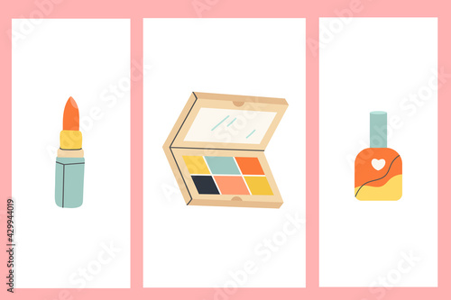 Hand Drawn Flat Make Up Tools and Cosmetics.Woman Beauty Accessories for Beauty.Doodle Lipstick, Eye Shadows, Nail Polish.Isolated on White background. 