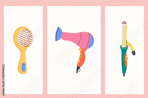 Hand Drawn Accessories and Appliances for Hair Care, Hair Style and Beauty. Doodle Hairbrush, Hairdryer, Curling Iron.Barber's Tools in Flat style. Vector Illustration. 