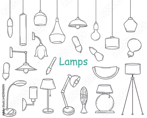 Vector Set of Doodle Chandeliers,Wall, Hanging and Table Lamps in Sketch style.Hand Drawn Line Modern Illumination Elements.Collection of various shapes of Light Bulbs.Decoration for Interior.