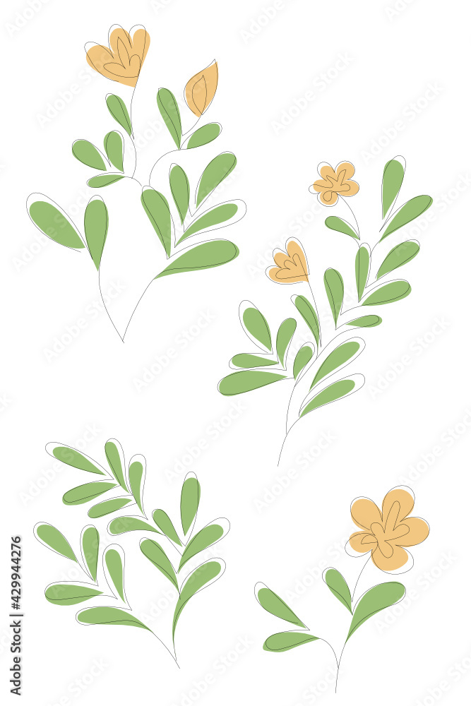 Set of line art flowers. Isolated set on white background. Pastel colours. Vector Set of line art flowers. Isolated set on white background. Pastel colours. Vector