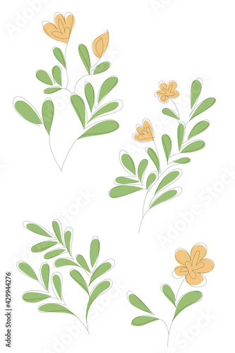 Set of line art flowers. Isolated set on white background. Pastel colours. Vector 