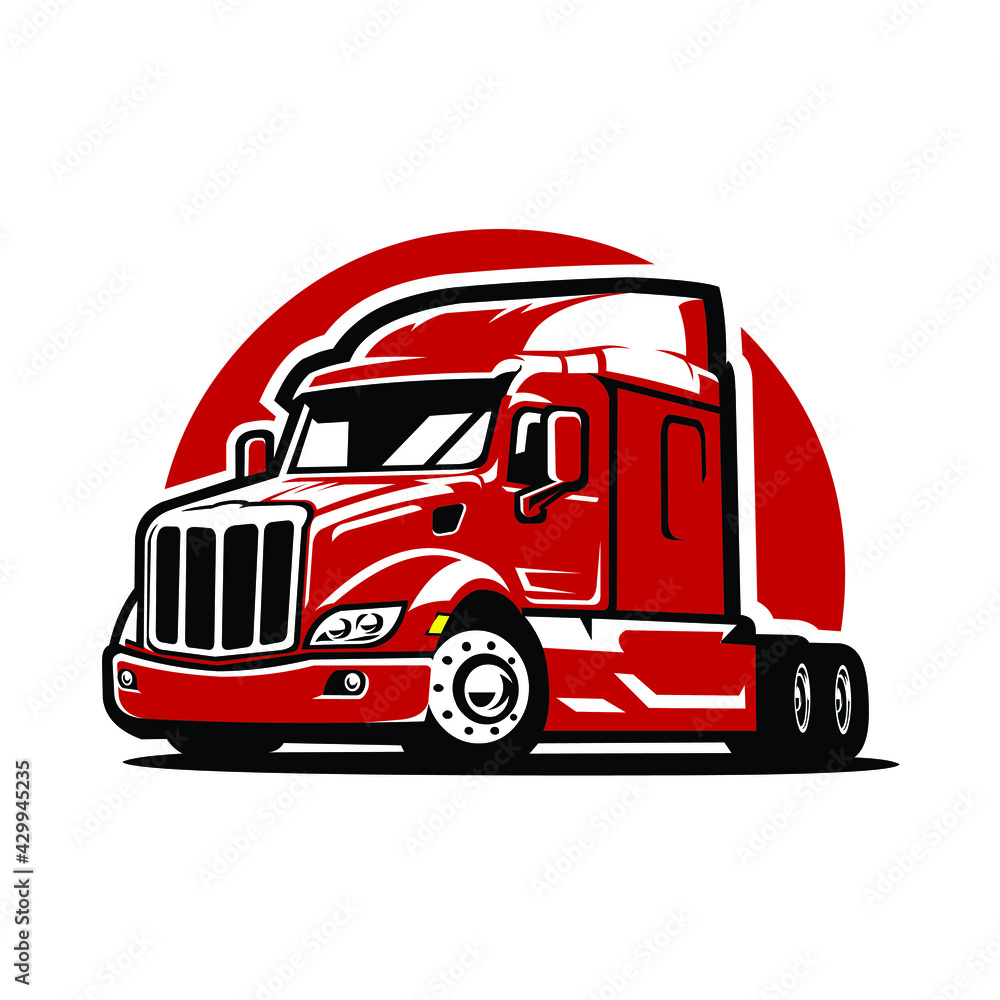 Semi Truck Vector Front Side View. Red Truck Vector Isolated Stock