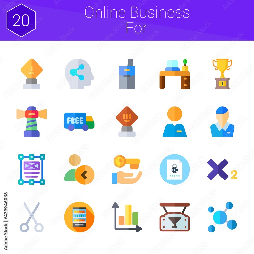 online business for icon set. 20 flat icons on theme online business for. collection of subscript, lighthouse, social, assistance, shelves, graph, network, scissors, clerk online business for icon set. 20 flat icons on theme online business for. collection of subscript, lighthouse, social, assistance, shelves, graph, network, scissors, clerk