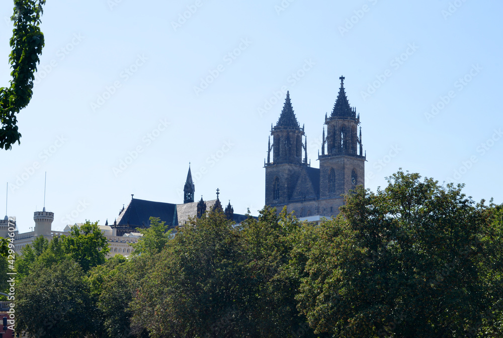 Magdeburg, distant view to the cathedral towers and city center