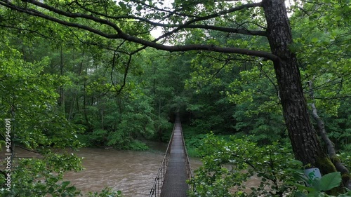Suspension bridge over Crisul Repede, Suncuius, Oradea, Bihor. Aerial Drone shot