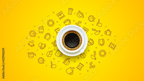 Abstract Background WIth A Cup Of Coffee Doodle Icons Shadow Vector Design Style