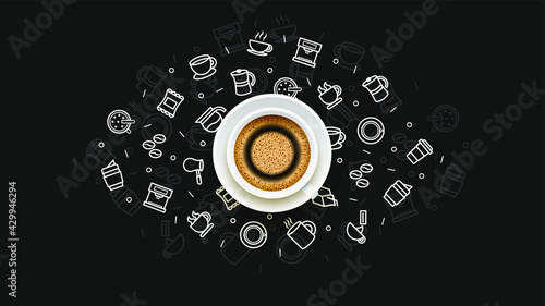 Abstract Background WIth A Cup Of Coffee Doodle Icons Shadow Vector Design Style