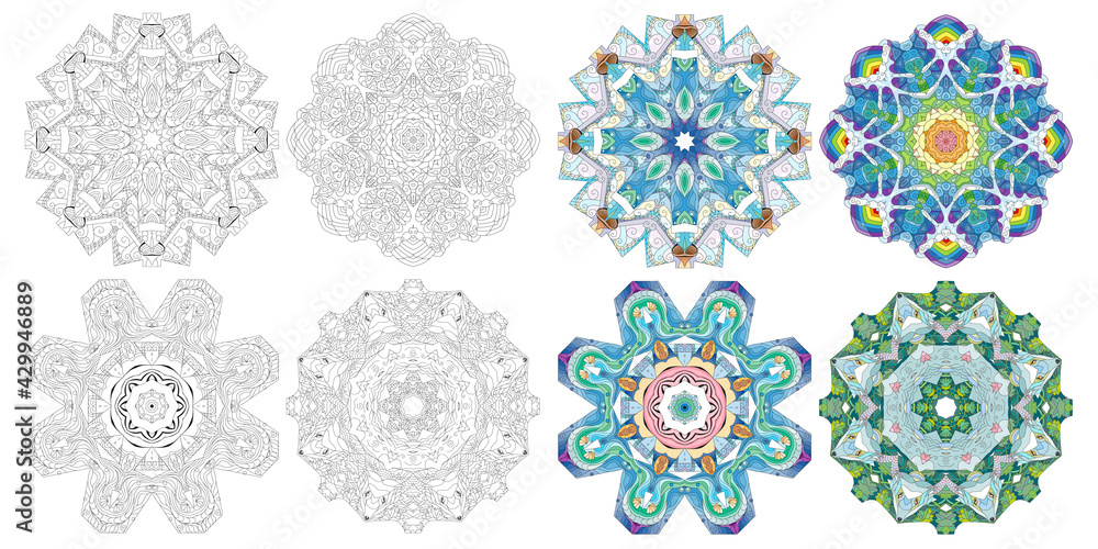 Hand drawn zentangle set of 4 mandalas for coloring page. Color and outline set