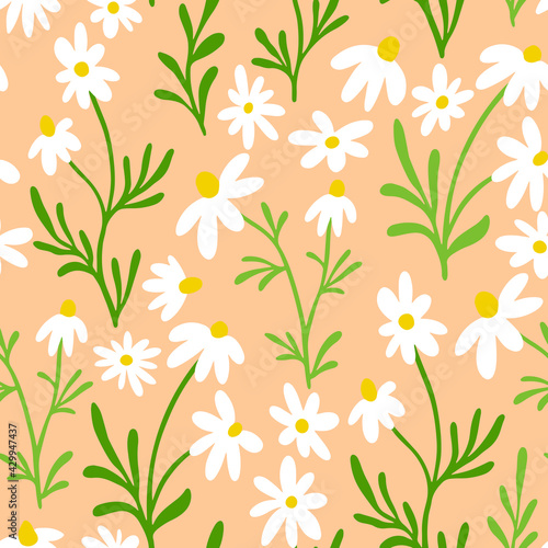 Chamomile and daisy seamless pattern. Wildflower print design with hand drawn flowers on dark background. Simple field floral pattern for packaging, fabric design. Blossom ornament.