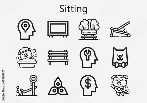 Premium set of sitting [S] icons. Simple sitting icon pack. Stroke vector illustration on a white background. Modern outline style icons collection of Bench, Chakra, Mind, Cat, Big screen, Dog