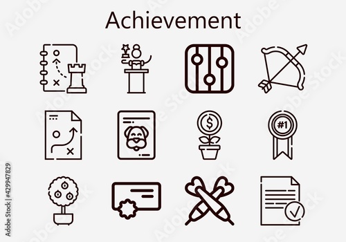 Premium set of achievement [S] icons. Simple achievement icon pack. Stroke vector illustration on a white background. Modern outline style icons collection of Done, Awards, Money tree, Growth