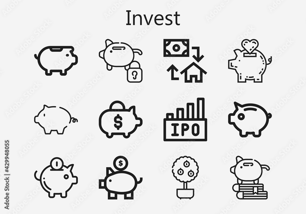 Premium set of invest [S] icons. Simple invest icon pack. Stroke vector illustration on a white background. Modern outline style icons collection of Money tree, Mortgage, Piggy bank, Ipo