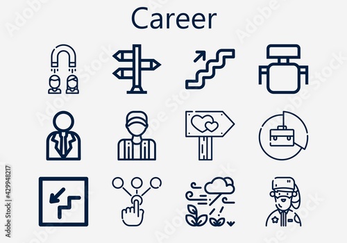 Premium set of career [S] icons. Simple career icon pack. Stroke vector illustration on a white background. Modern outline style icons collection of Choice, Briefcase, Growth, Park ranger, Signpost