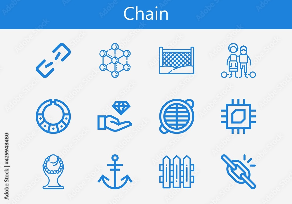 Premium set of chain line icons. Simple chain icon pack. Stroke vector illustration on a white background. Modern outline style icons collection of Slavery, Broken link, Molecule