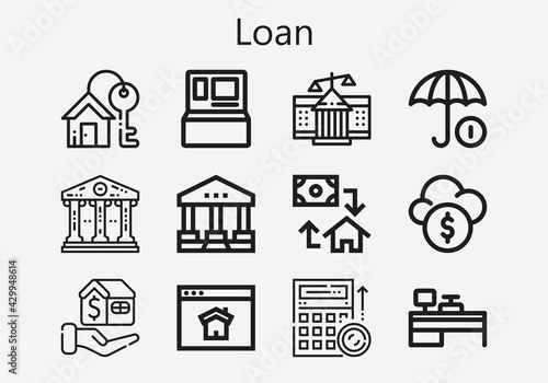 Premium set of loan [S] icons. Simple loan icon pack. Stroke vector illustration on a white background. Modern outline style icons collection of Courthouse, Homepage, Mortgage, House key, Budget