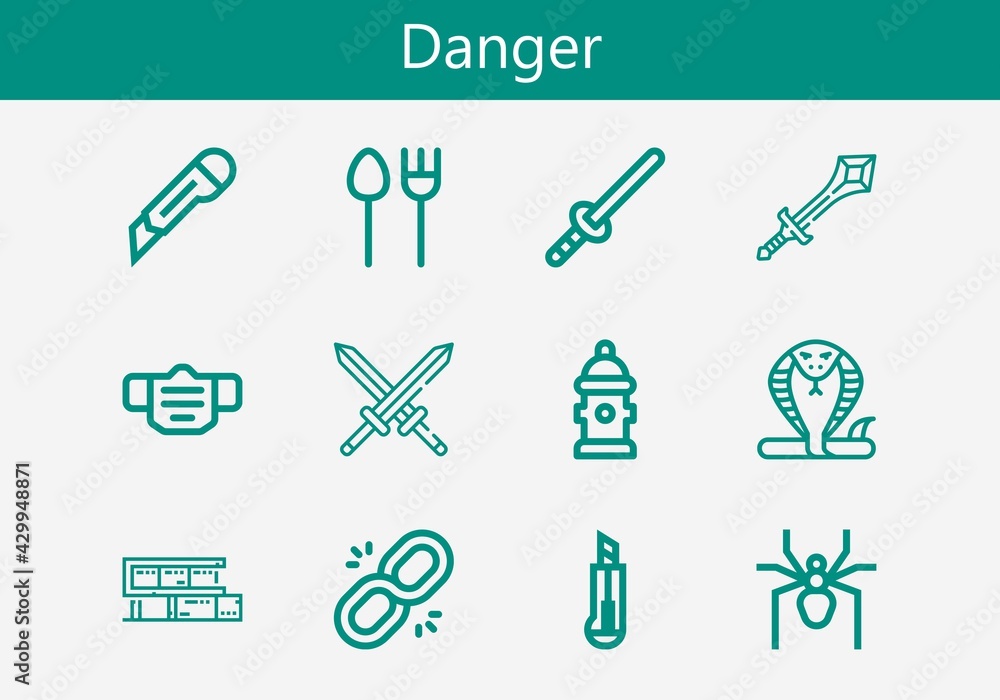 Premium set of danger line icons. Simple danger icon pack. Stroke vector illustration on a white background. Modern outline style icons collection of Cutter, Sword, Swords, Snake, Spider, Mask Premium set of danger line icons. Simple danger icon pack. Stroke vector illustration on a white background. Modern outline style icons collection of Cutter, Sword, Swords, Snake, Spider, Mask