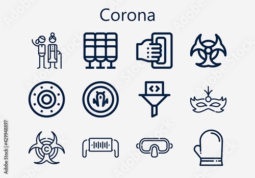 Premium set of corona [S] icons. Simple corona icon pack. Stroke vector illustration on a white background. Modern outline style icons collection of Biohazard, Glove, Seat, Shield, Filter photo