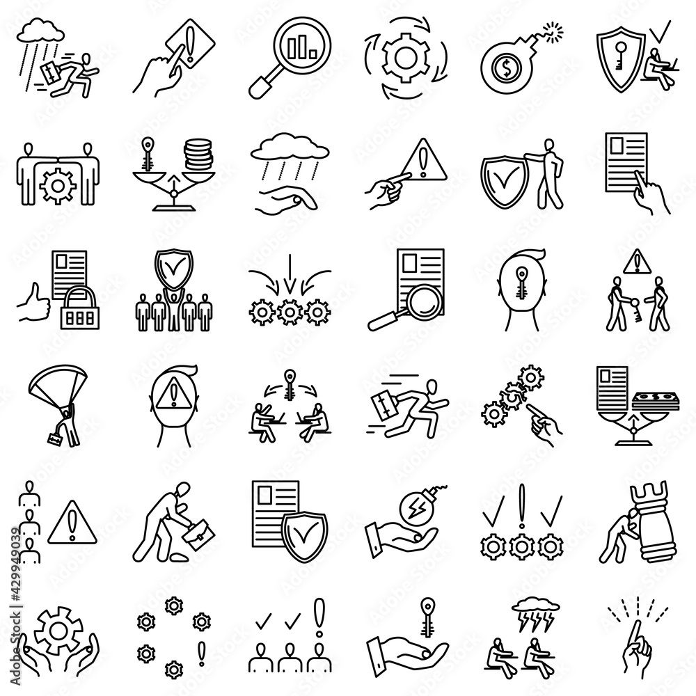 Obraz premium Risk management, business problems, data storage control, economy security. Cryptography, protection of personal data. Set of icons, vector, isolated, outline, perfect pixel 48x48.
