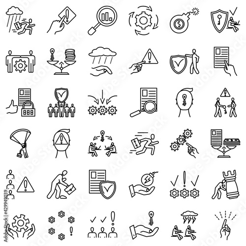 Risk management, business problems, data storage control, economy security. Cryptography, protection of personal data. Set of icons, vector, isolated, outline, perfect pixel 48x48.