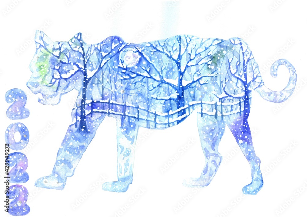 Obraz premium watercolor illustration of a tiger silhouette with a snowy forest with trees and a fence on it. The symbol of 2022 is the blue water tiger. New Year and Christmas card.Winter landscape