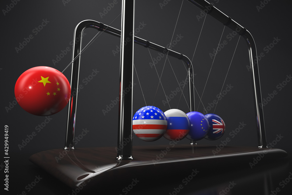 Naklejka premium Newton's pendulum. Balls with the state symbols: China, USA, Russia, European Union, United Kingdom. Geopolitical topics